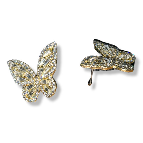 Gold-Tone Round and Baguette White Crystal Butterfly Pierced Earrings - Picture 5 of 6
